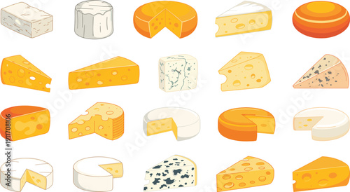 Cheese variety illustration set isolated on white background, different types of dairy cheese wedges and wheels for food design, packaging, menus, and culinary projects