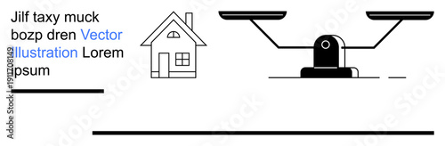 Real estate, legal balance, property value, equality, decision-making, home investment. A house icon paired with a balance scale. Real estate and legal balance conceptual
