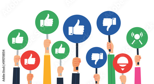 Diverse hands holding up various social media reaction signs including thumbs up, thumbs down, and other interaction icons.