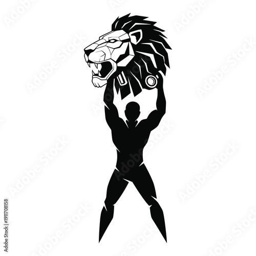 Strong muscular man lifting a stylized lion head graphic with bold lines and geometric patterns representing strength and power in a sleek black silhouette.