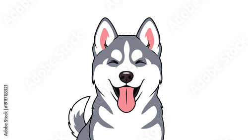 Smiling grey and white husky dog head with perked ears and tongue out shown in a clean and cute cartoon style.
