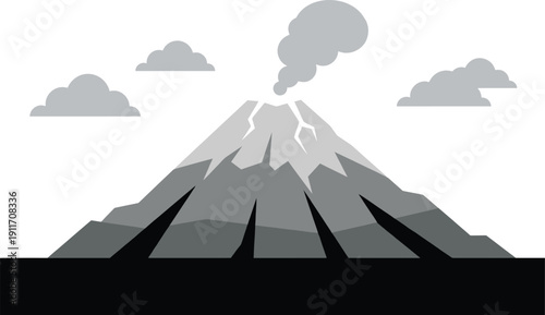 A large volcano illustration with smoke and ash rising from its crater, standing on a dark ground under a cloudy sky. The style is a simple, flat graphic with grayscale colors.