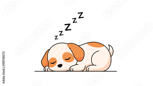 Adorable puppy with brown patches sleeping peacefully on its stomach with ZZZ symbols drifting above its head.
