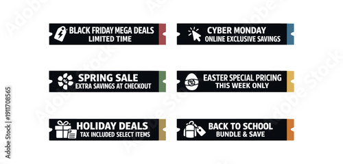 six separate flat vector label strip badges solid black horizontal banner with die cut notches white bold uppercase long text and simple white pictograms beside text small muted seasonal