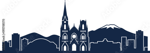 Dark blue silhouette cityscape featuring a prominent gothic cathedral, dome structure, modern skyscrapers, and a mountain range, representing urban architecture and travel.