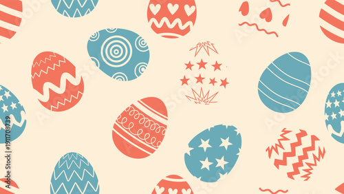 Colorful seamless pattern of decorated Easter eggs with various festive patterns like stripes, stars, hearts, and zigzags.