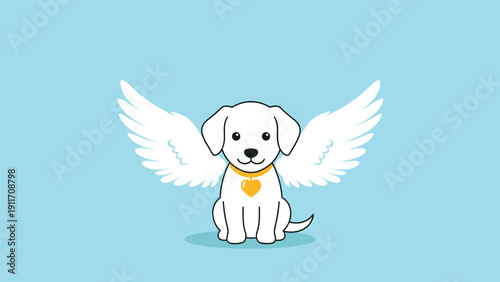 Adorable white puppy with large feathered angel wings and a golden heart collar sitting against a soft blue background.