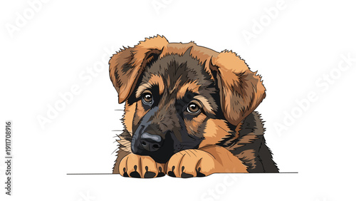 Realistic illustration of a cute german shepherd puppy peeking over a ledge with curious and soulful brown eyes on white.