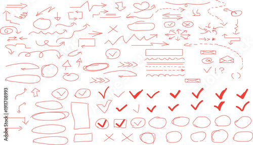 collection of hand-drawn red crayon doodles designed for annotation, featuring various symbols and elements. minimalist  