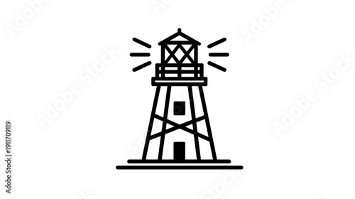 A black and white line drawing of a lighthouse with a light shining, on a white background