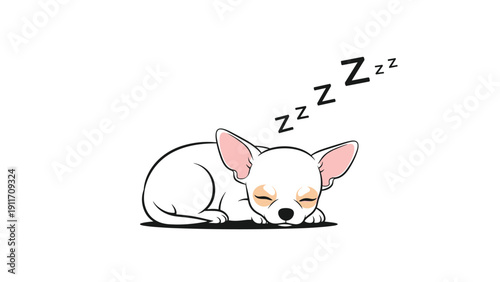 Tiny white chihuahua puppy sleeping soundly on its stomach with black zzz letters above its head on a white background.