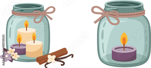 Glass Jar Candle Holders with Scented Candles, Vanilla, Cinnamon and Floral Elements Vector Illustration Set Isolated on White Background