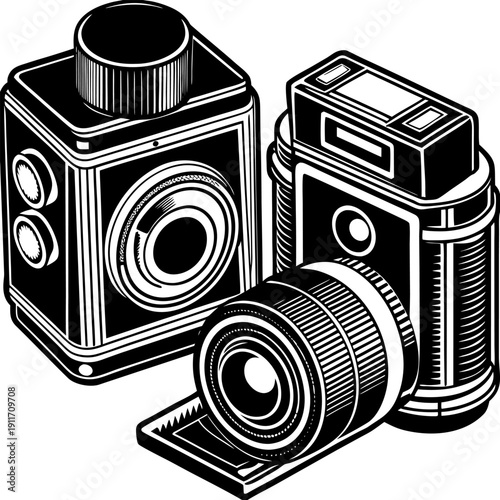 “Vintage Camera Illustration Retro Photography Equipment Line Art Vector”