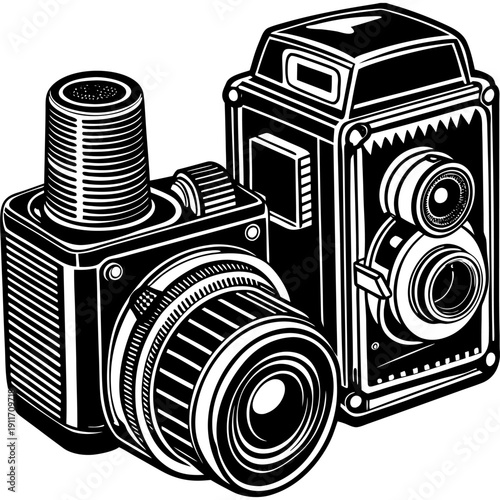 “Vintage Camera Illustration Retro Photography Equipment Line Art Vector”