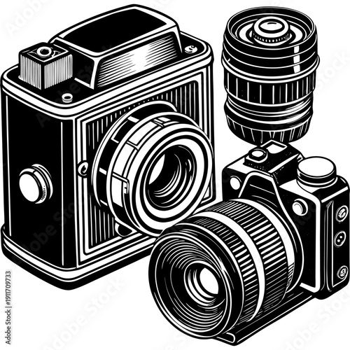“Vintage Camera Illustration Retro Photography Equipment Line Art Vector”