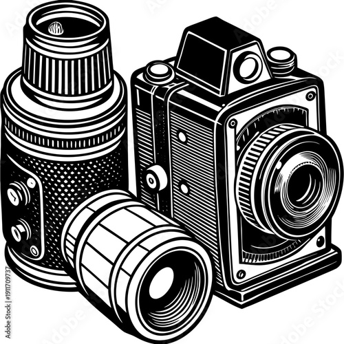 “Vintage Camera Illustration Retro Photography Equipment Line Art Vector”