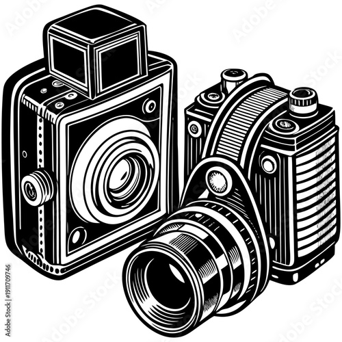 “Vintage Camera Illustration Retro Photography Equipment Line Art Vector”