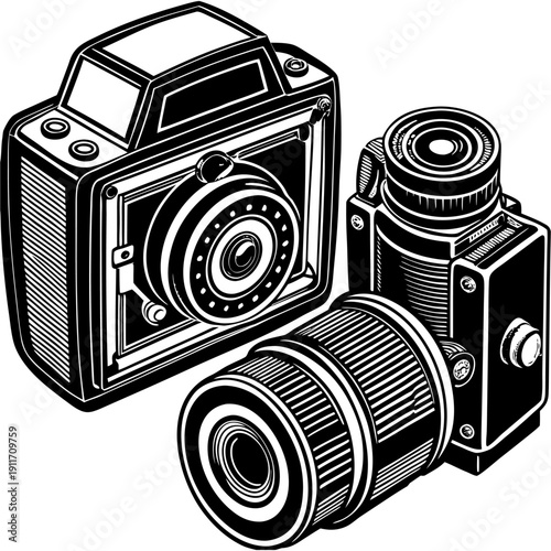 “Vintage Camera Illustration Retro Photography Equipment Line Art Vector”