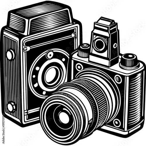 “Vintage Camera Illustration Retro Photography Equipment Line Art Vector”