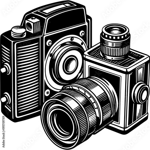 “Vintage Camera Illustration Retro Photography Equipment Line Art Vector”