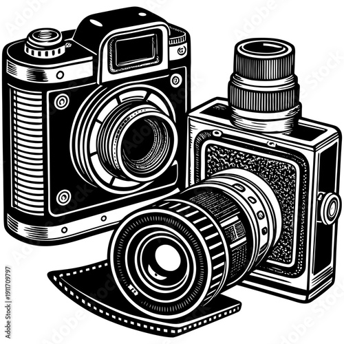 “Vintage Camera Illustration Retro Photography Equipment Line Art Vector”