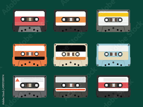 Vintage retro audio cassette tapes collection arranged in grid on dark green background, nostalgic analog music recording media, colorful design, classic sound technology concept