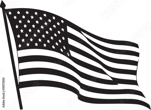 American flag waving on a pole vector silhouette illustration, patriotic line art graphic design