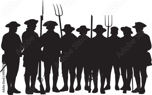 American revolutionary war militia soldiers group vector silhouette illustration, line art historical