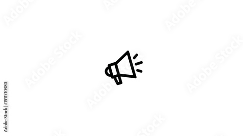 A vector illustration features a black megaphone icon, centered, radiating sound waves, on white background