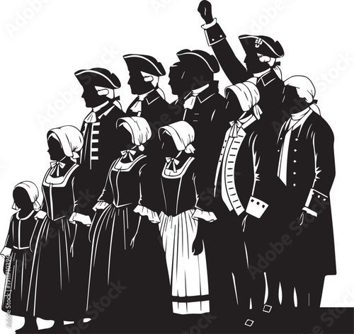 Colonial people group silhouette with raised hand vector illustration line art