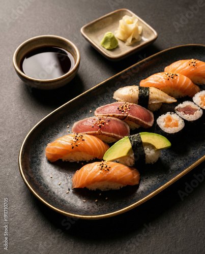Luxury sushi platter on dark stone with premium Japanese presentation