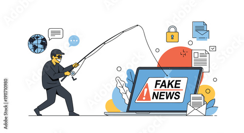 Cyber criminal uses a fishing rod to steal sensitive information from a laptop displaying fake news and alert symbols.