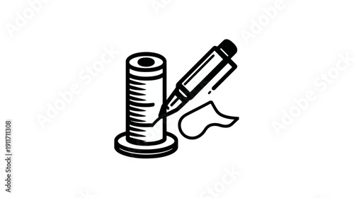 Stylized illustration of a pen, scroll, and cylindrical object, all in a graphic, minimal style