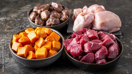Raw pet food ingredients chicken, beef, sweet potato, giblets on dark surface