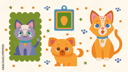 Adorable pets play together in colorful fun scene