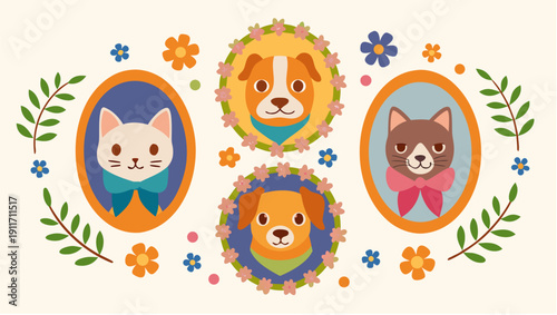 Adorable pets in colorful floral frames for cute designs