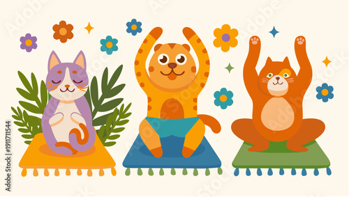 Whimsical cartoon animals practice yoga together in harmony