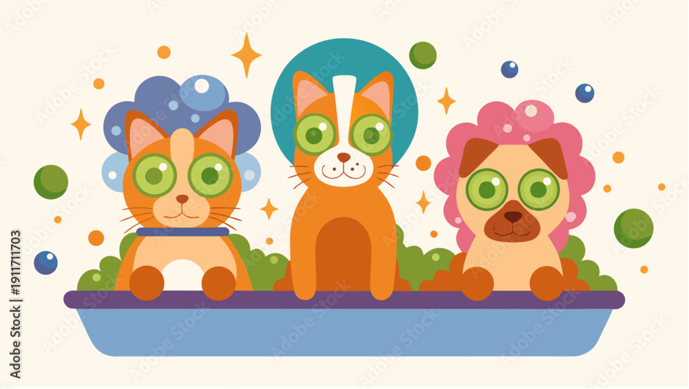 Obraz premium Cute cartoon pets enjoying spa day together