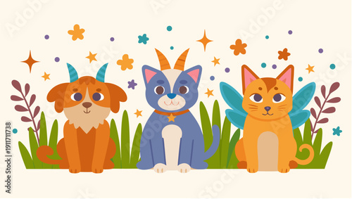 Whimsical fantasy animals in magical garden setting playfully