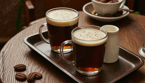 Coffee black coffee hot drink glass cup wooden tray foam cafe cozy morning beverage Two glass cup of black coffee wooden tray with creamy foam cozy cafe interior, warm morning light and roasted