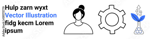 Woman avatar, gear, and upward growth element combine to reflect collaboration, innovation, and progress. Ideal for teamwork, technology, growth, leadership strategy education simple landing page