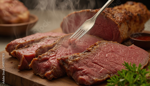 Rare steak sliced beef juicy meat grilled roast hot food steam medium rare fresh meal rustic table gourmet dinner Rare steak sliced beef juicy meat grilled roast hot food with rising steam