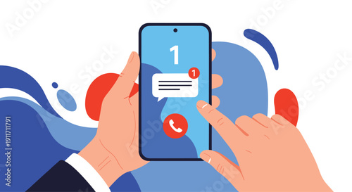 Close up view of hands holding a smartphone with incoming call and new message notification on a colorful background.