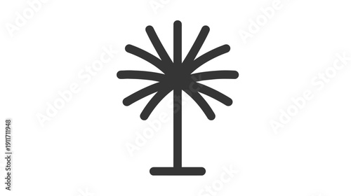 A stylized illustration of a palm tree, featuring a dark grey design on a stark white background
