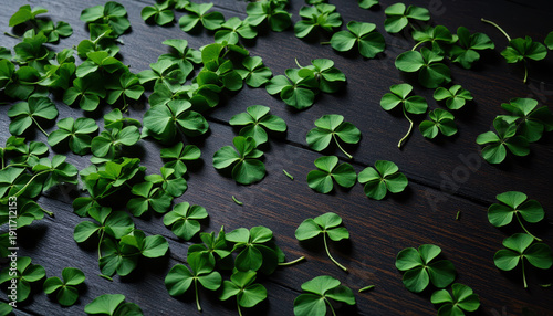 Green clover leaf shamrock four leaf clover lucky symbol wooden background nature pattern fresh foliage spring plant botanical texture calm mood scattered green clover leaf dark wooden background