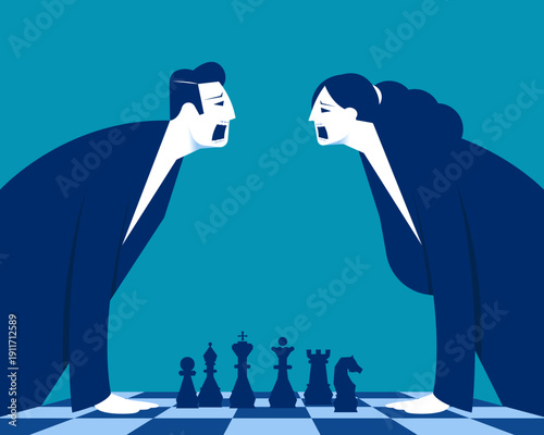 Business rivalry and conflict. Two business person with a chessboard ranting against each other