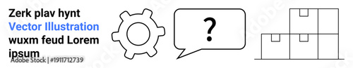 Business operations, logistics, problem-solving, supply chain, process optimization, communication. A gear, speech bubble with a question mark and boxes. Logistics and problem-solving concept