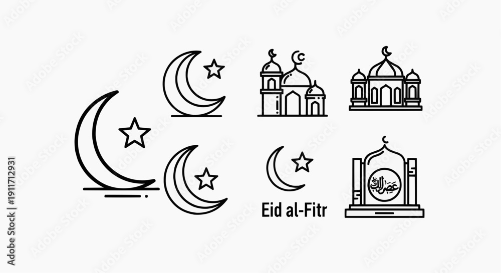 Obraz premium Abstract line-based Eid al-Fitr icon set expressing prayer movement, generosity flow, festive gathering, and new beginning concept