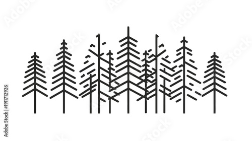 Black and white minimalist illustration of various fir trees silhouetted in a forest