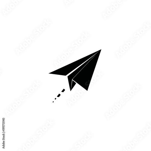 A black and white illustration of a simple paper airplane soaring across the frame